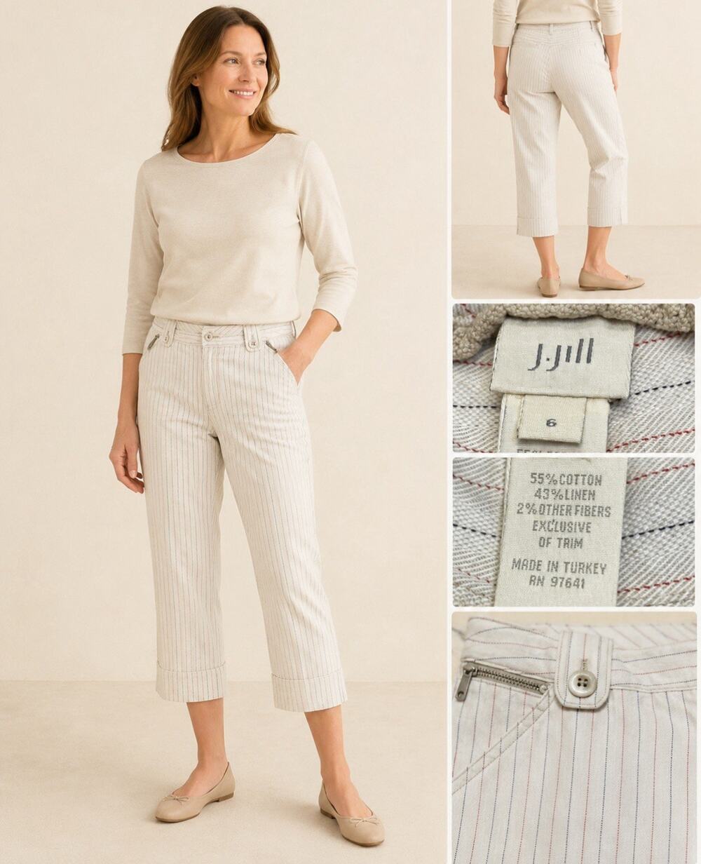 J.Jill Women's Cropped Straight Leg Pants Size 6 Ivory Pinstripe Linen